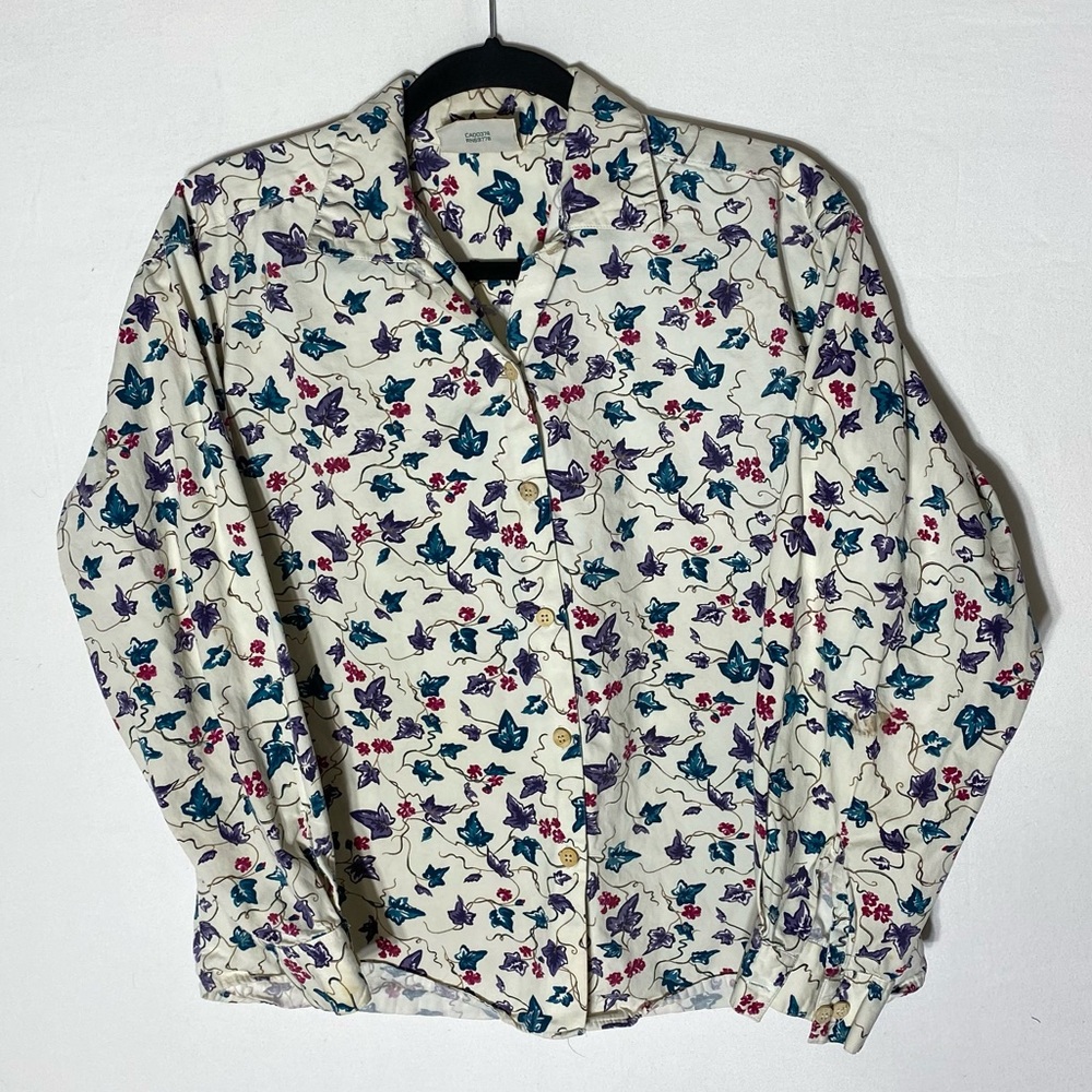 Vintage Northern Reflections Cream Blue Purple Pink Leaf Print Cotton Shirt S